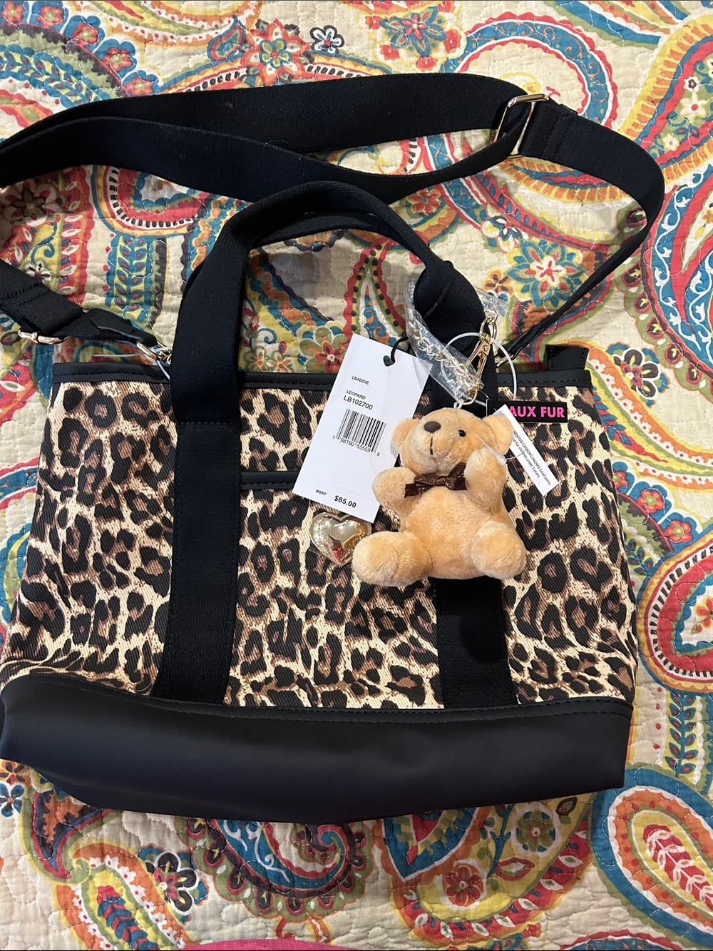 Betsey Johnson  Lbaddie Leopard Print Bag with Plush Bear Charm - Black Trim